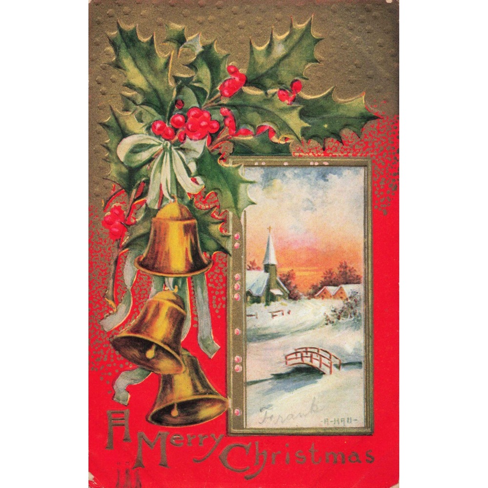 Vintage 1912 Embossed Christmas Postcard Holly Bells Winter Church Scene VG - Picture 1 of 2